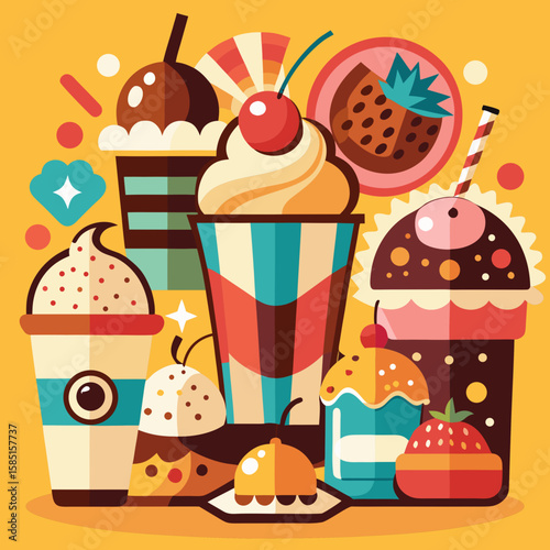 Retro sweets collection features various desserts and tasty treats perfect for branding, graphic elements and menu designs.