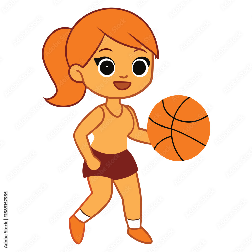 Female Basketball Player Dribbling Vector Illustration, Cute girl character playing basketball flat vector illustration isolated. Female Basketball Player Dribbling Vector Illustration, Cute girl character playing basketball flat vector illustration isolated.