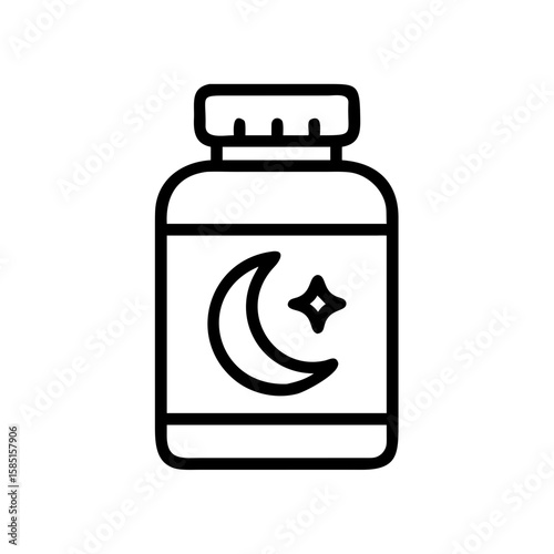 Minimalist black outline vector icon of a sleep supplement bottle with a moon on the label, symbolizing bedtime aid, sleep health, and night medicine. Isolated on a transparent background