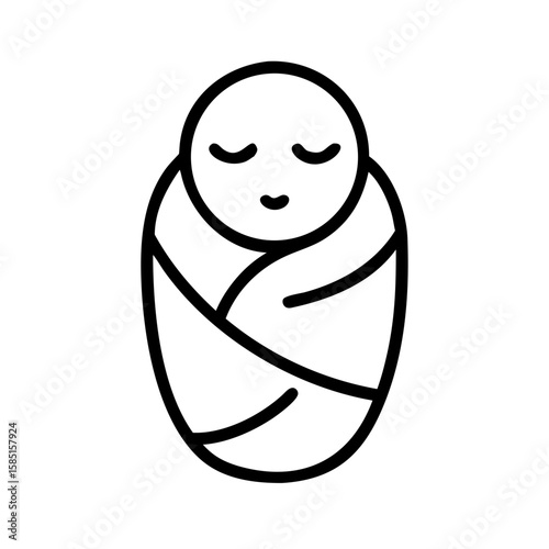 Minimalist black outline vector icon of a swaddled baby sleeping peacefully in a blanket wrap, symbolizing newborn care, infant sleep, and early childhood comfort. Isolated on a transparent background
