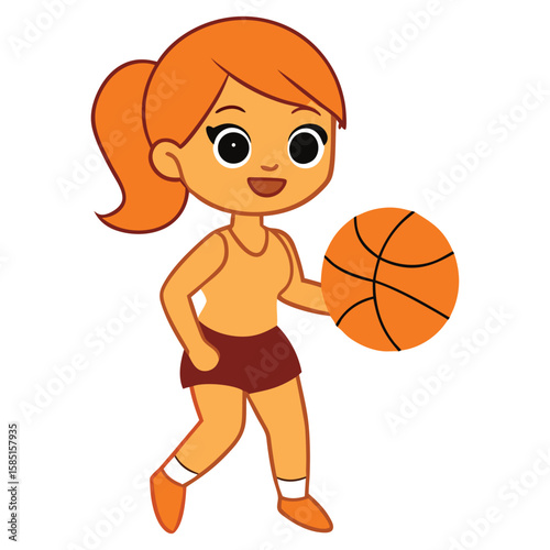 Female Basketball Player Dribbling Vector Illustration, Cute girl character playing basketball flat vector illustration isolated.
