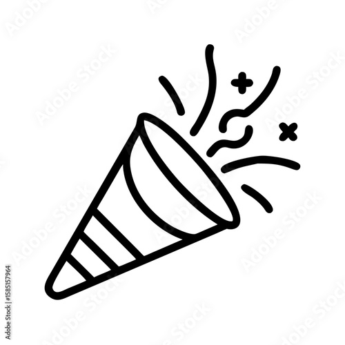 Minimalist black outline vector icon of a party popper exploding with confetti and streamers bursting upwards, symbolizing celebration, fun, and parties. Isolated on a transparent background