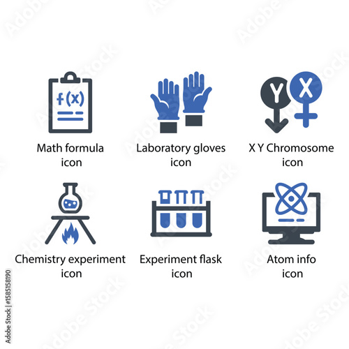Math formula, Laboratory gloves, X Y Chromosome, Chemistry experiment, Experiment flask, Atom info, icon