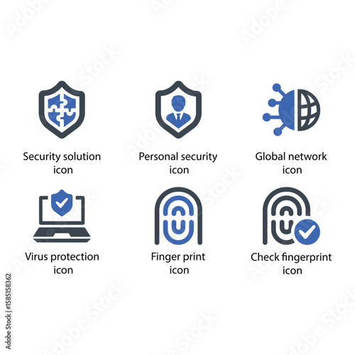 Security solution, Personal security, Network, Virus protection, Finger print, Check fingerprint, icon