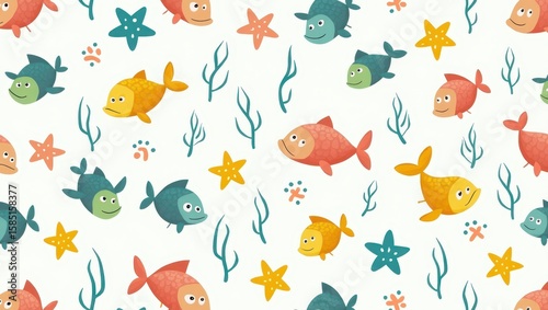Colorful fish and starfish pattern on a white background.