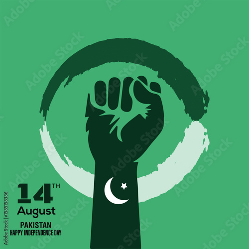 Celebrate Pakistan Independence Day with a powerful fist and crescent moon design, symbolizing freedom and national pride on August fourteenth.