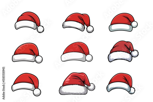 Set of nine festive cartoon Santa hats