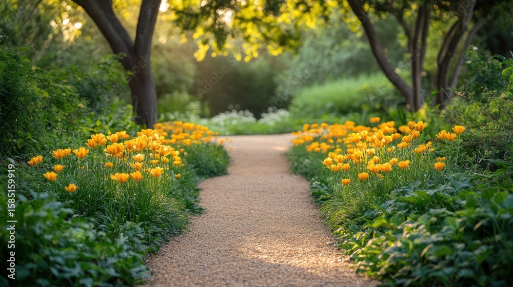 Fototapeta premium Serene garden path lined with vibrant yellow tulips. Sunlight filters through trees creating a peaceful ambiance.