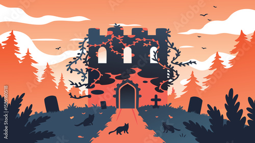 Illustration of a spooky castle with vines, cats, tombstones, and a sunset landscape background
