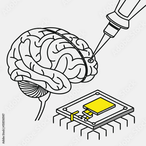 Illustration of a brain being connected to a microchip with a needle injector device shown