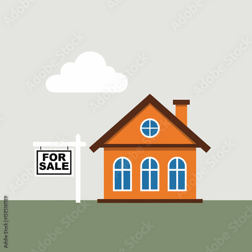 A charming house with a for sale sign stands beneath a fluffy cloud, representing real estate and homeownership dreams.