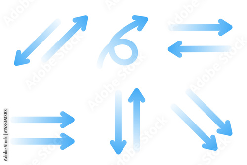 Air flow. Set of blue arrows showing direction of air movement. Wind direction arrows. Blue cold fresh stream from the conditioner.