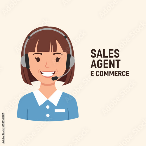 Smiling woman with headset is a sales agent for e-commerce, providing customer service with a friendly professional demeanor.