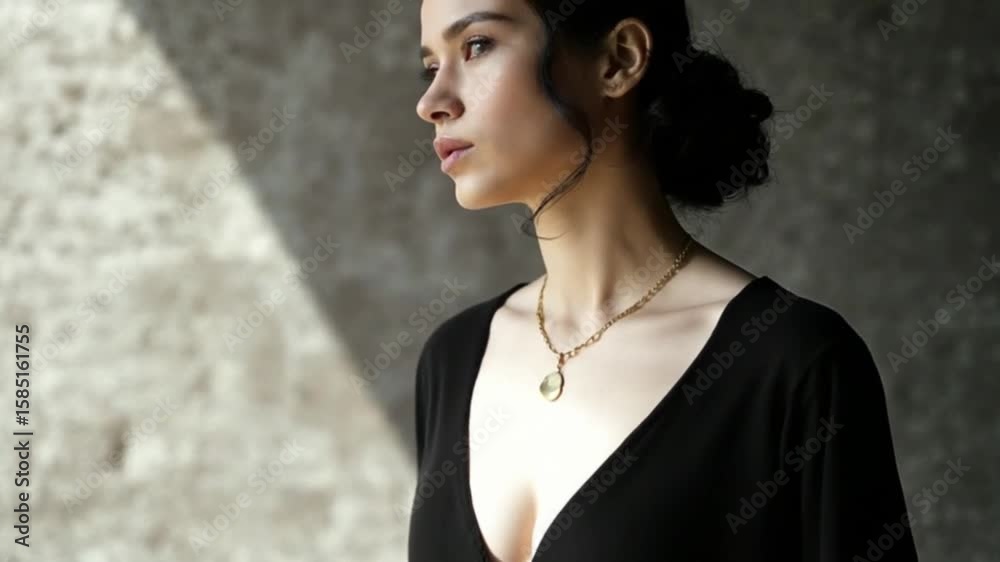 Elegant woman in black dress poses near a textured studio wall backdrop
