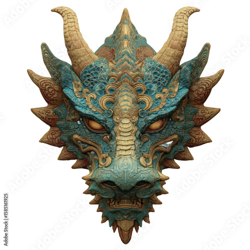 Artistic rendering of a detailed turquoise dragon head, showcasing intricate textures on a black