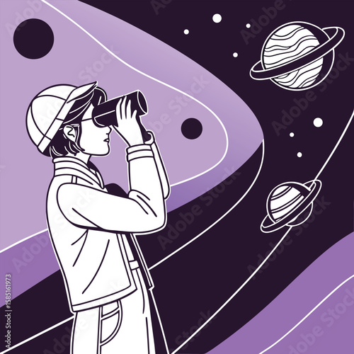 Person looking through binoculars at planets and stars in a stylized space scene illustration