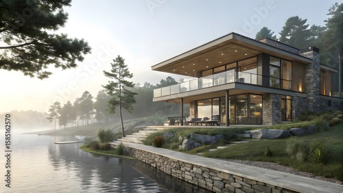 Modern Lakefront Home with Wooden Deck and Serene Natural Surroundings