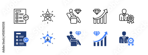 Excellence icon sheet with  Results, Outstanding, First class, Premium, Achievement.