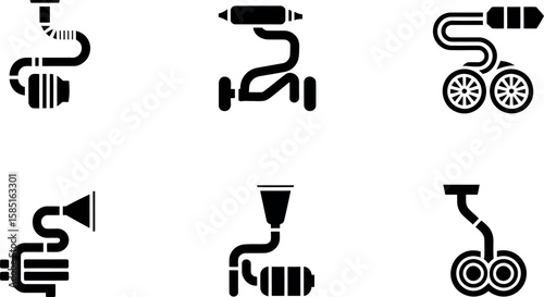 Vector icons: Six minimalist automotive exhaust system designs