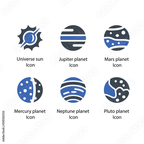 Universe sun, Jupiter planet, Mars planet, Mercury planet, Neptune planet, Pluto planet, icon
