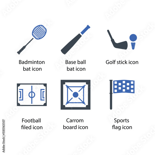 Badminton bat, Baseball bat, Golf stick, Football filed, Carrom board, Sports flag, icon