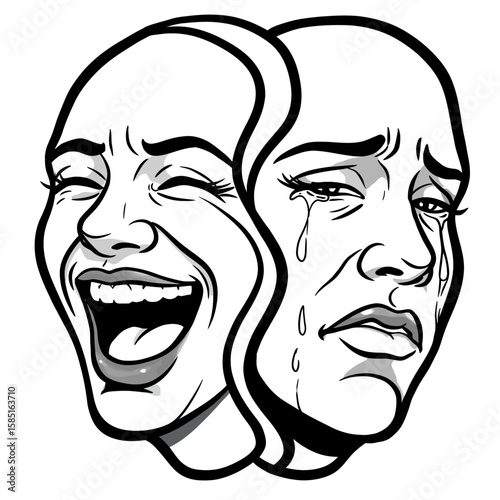Black and White Dramatic Theater Masks Depicting Joy and Sorrow