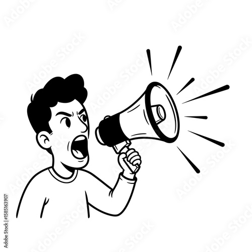 Cartoon Man Yelling into Megaphone, Expressing Anger and Making Announcement
