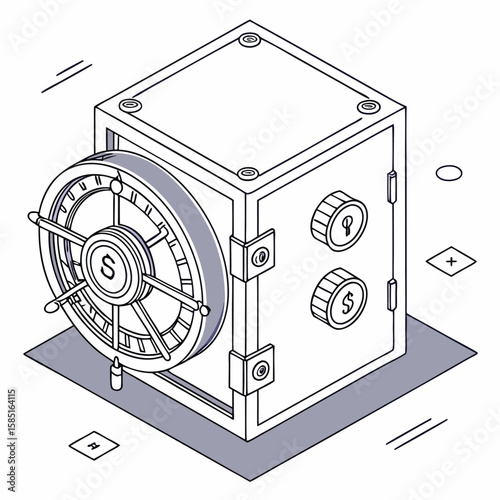 Isometric illustration of a safe with a combination lock and coin slots on a gray surface