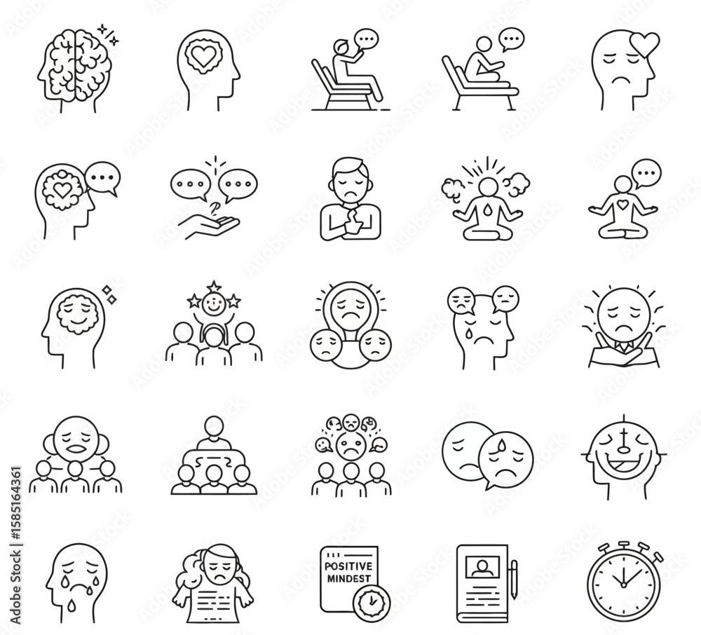 Fototapeta premium Collection of Line Art Icons Depicting Various Mental States, Including Sadness, Anxiety, and Positive Mindset