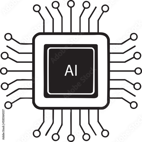 Black and white icon of a computer processor chip with multiple pins isolated on transparent background