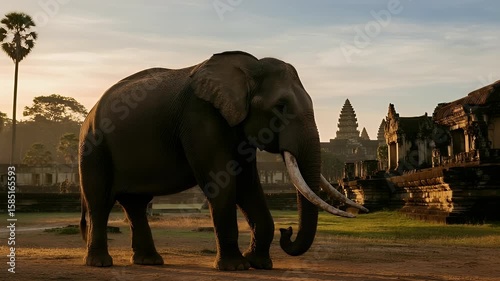 Majestic Elephant Walks Past Ancient Temple at Sunrise