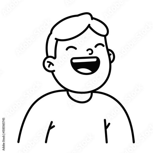 Smiling Cartoon Boy with Open Mouth and Happy Expression, Black Outline.