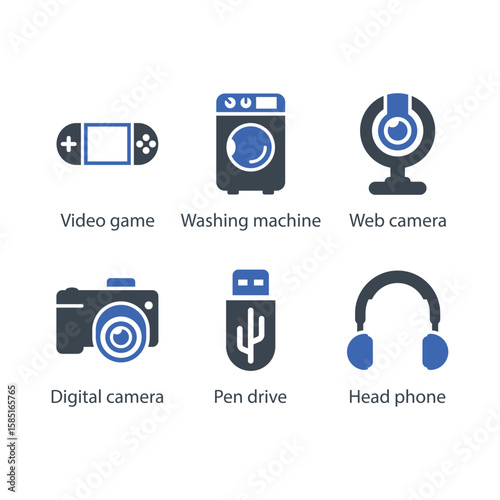 Video game, Washing machine, Web camera, Digital camera, Pen drive, Head phone, icon