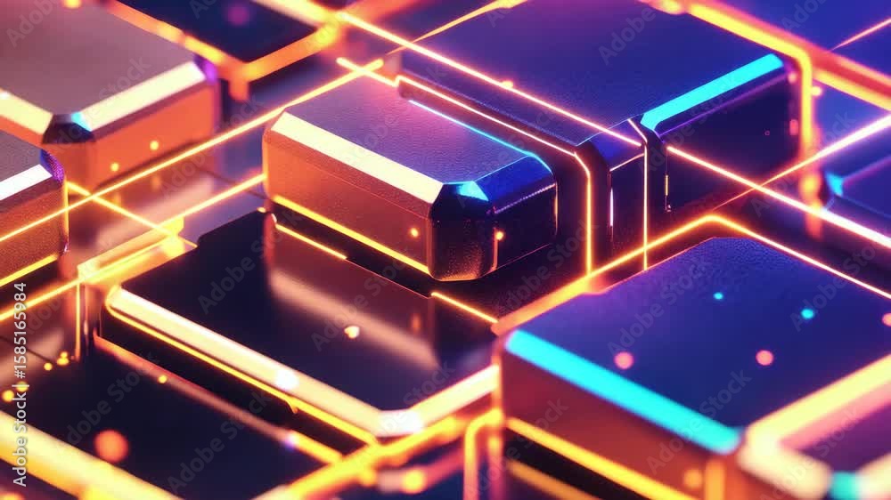 A vibrant digital art piece featuring colorful neon lights, crypto blocks, and a concept related to electronic security or cyberpunk technology.