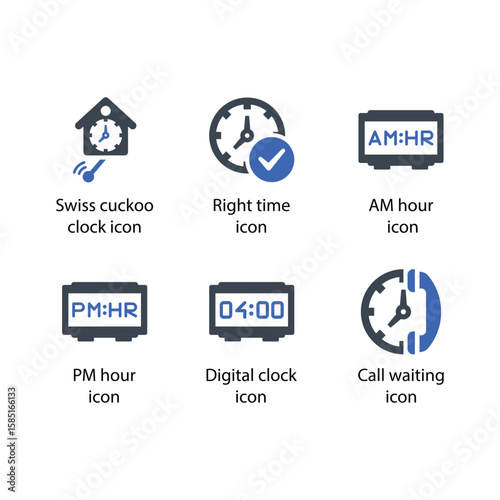 Swiss cuckoo clock, Right time, AM hour, PM hour, Digital clock, Call waiting, icon