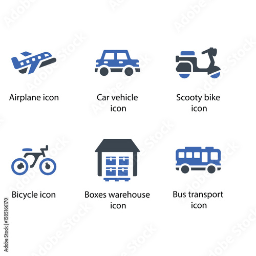 Airplane, Car vehicle, Scooty bike, Bicycle, Boxes warehouse, Bus transport, icon