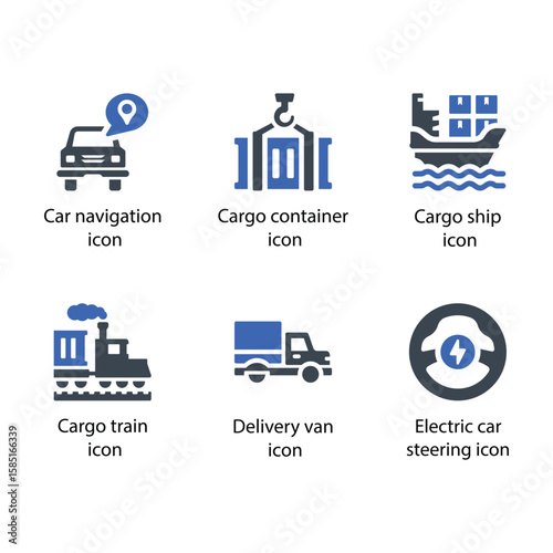 Car navigation, Cargo container, Cargo ship, Cargo train, Delivery van, Electric car steering, icon