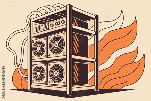 Illustration of a cryptocurrency mining rig with multiple fans and abstract flame design around it