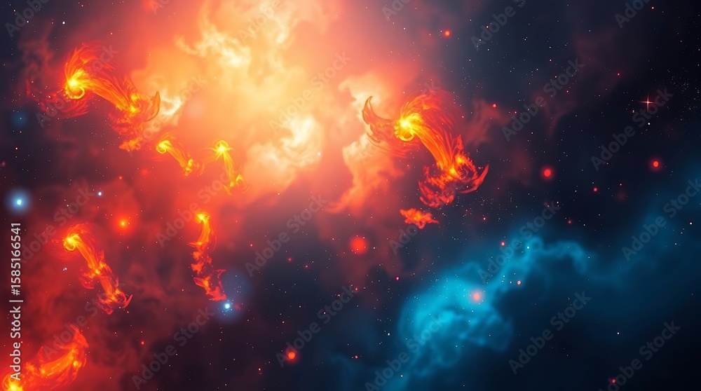 Naklejka premium Celestial firestorm a cosmic dance of light and energy in the vast universe