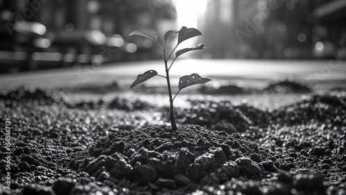 Fototapeta Naklejka Na Ścianę i Meble -  Urban Seedling: Small Plant Growing in Soil Against Blurred Cityscape in Black and White