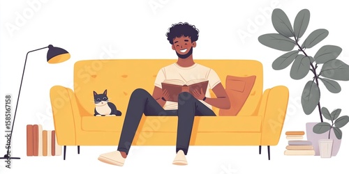man with book and cat