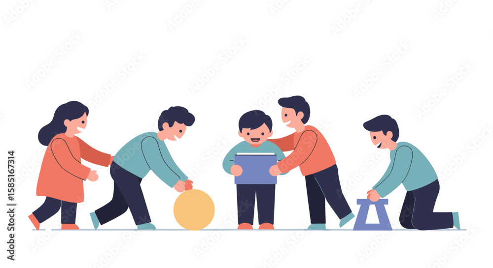 Fototapeta premium Cartoon children cooperating on task in clean design
