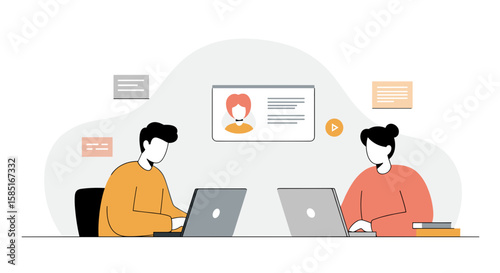 Cartoon office team in virtual communication