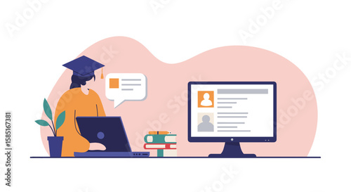 Flat vector of student using laptop for school notes