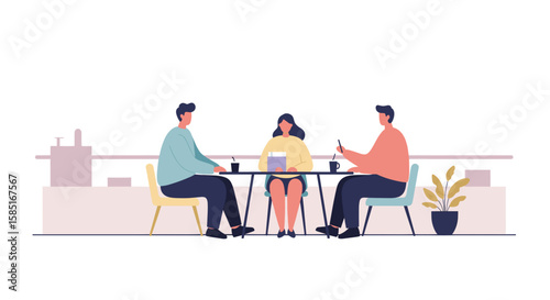 Colleagues talking on rooftop in pastel vector style