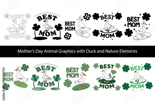 Adorable duck illustration proclaims the best mom amidst clover and lily pads in black, white, and green
