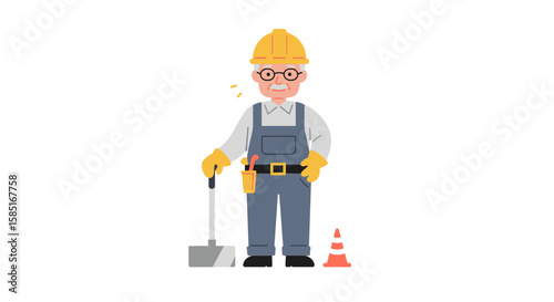 Senior laborer with safety gear and traffic cone