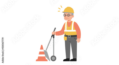 Senior male builder holding hammer and wearing gloves