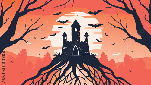 Silhouette of a spooky castle on a hill with bare trees and bats flying under a full moon at sunset