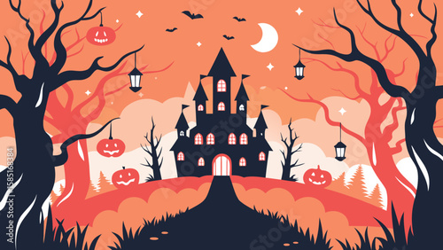 Halloween scene with a spooky castle, bats, pumpkins, trees, and a crescent moon in the sky